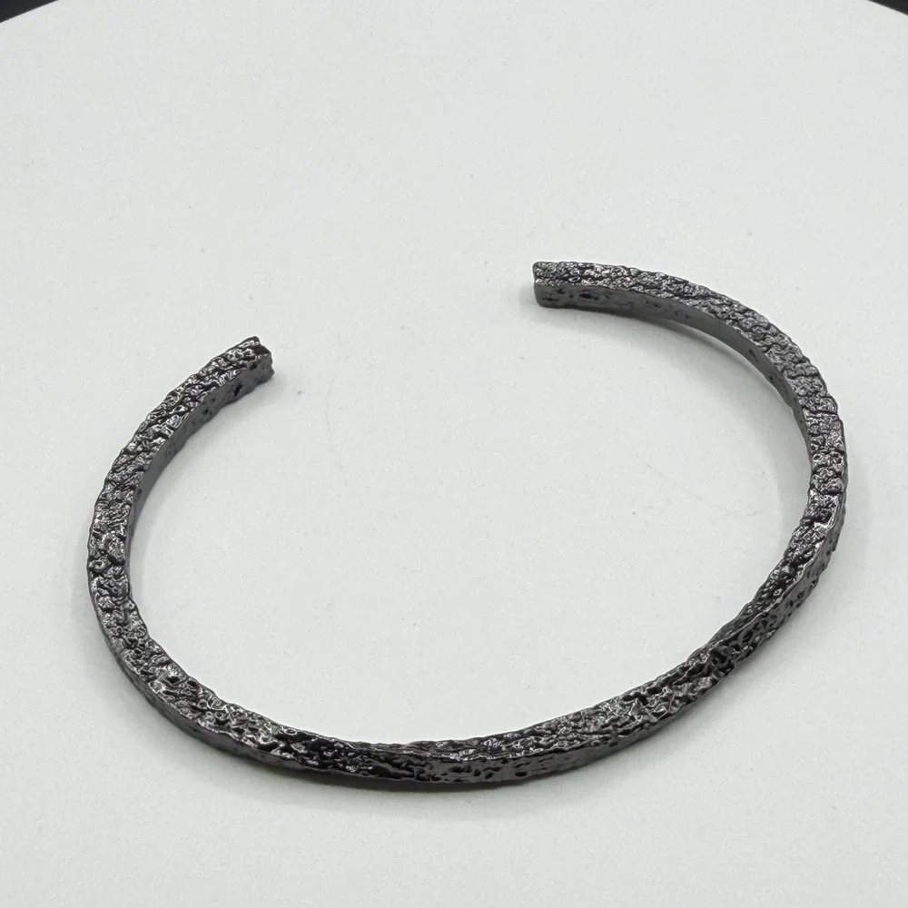 Gunmetal Silver Tone Textured Open Cuff Bracelet Gothic Boho Statement Jewelry